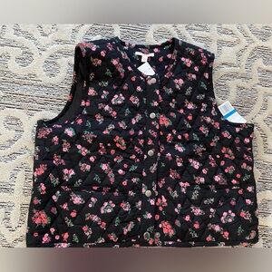 🆕 Lucky Brand Floral Quilted Sleeveless Vest in Black with Pink Flowers